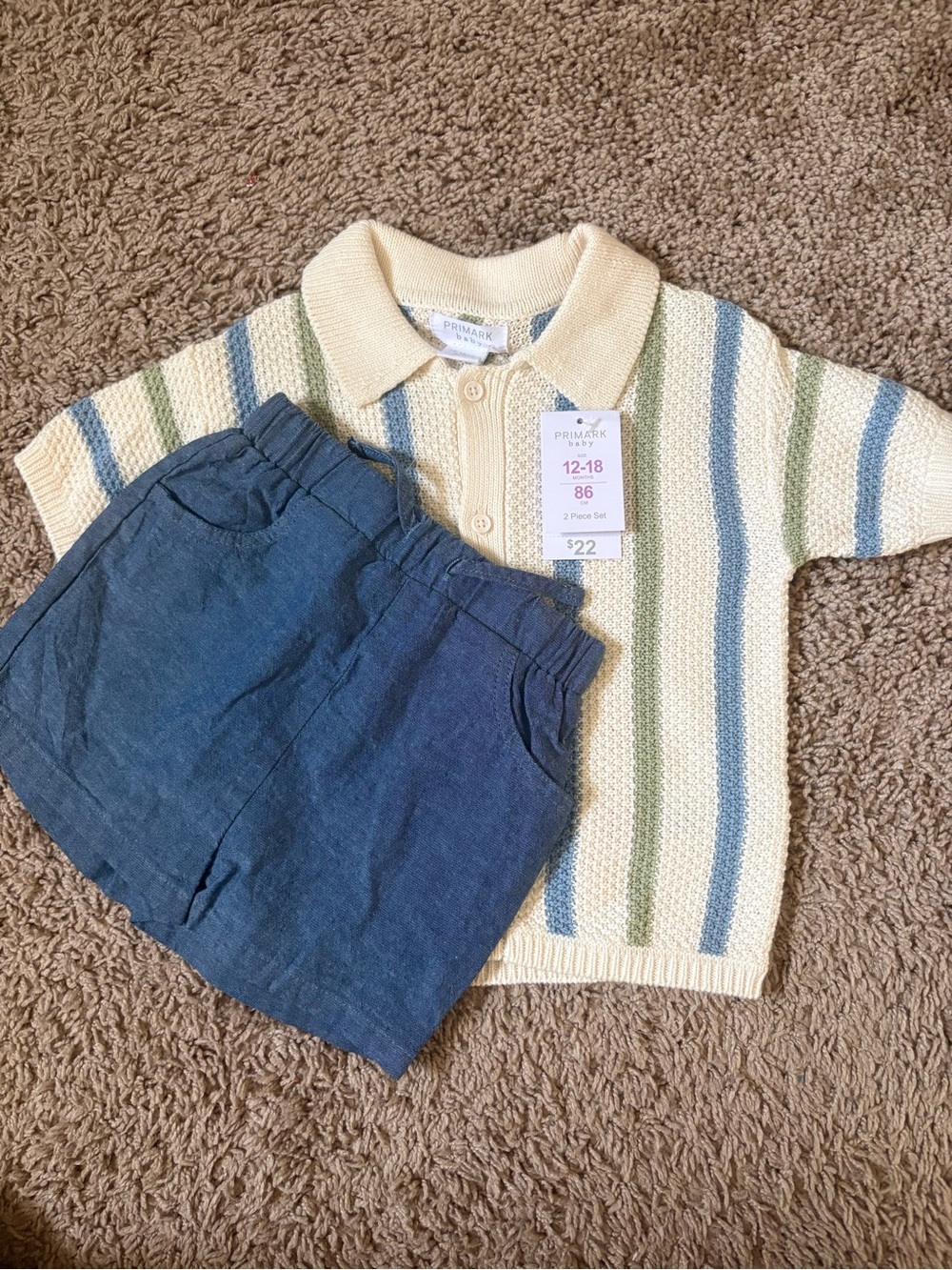Primark Cream Knit Polo Top with Blue & Green Stripes